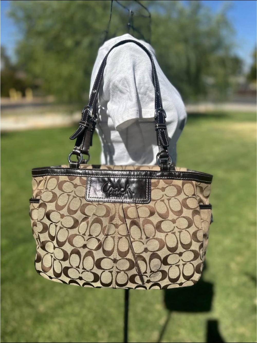 Coach Brown Signature Canvas Tote with Dark Brown Leather Trim